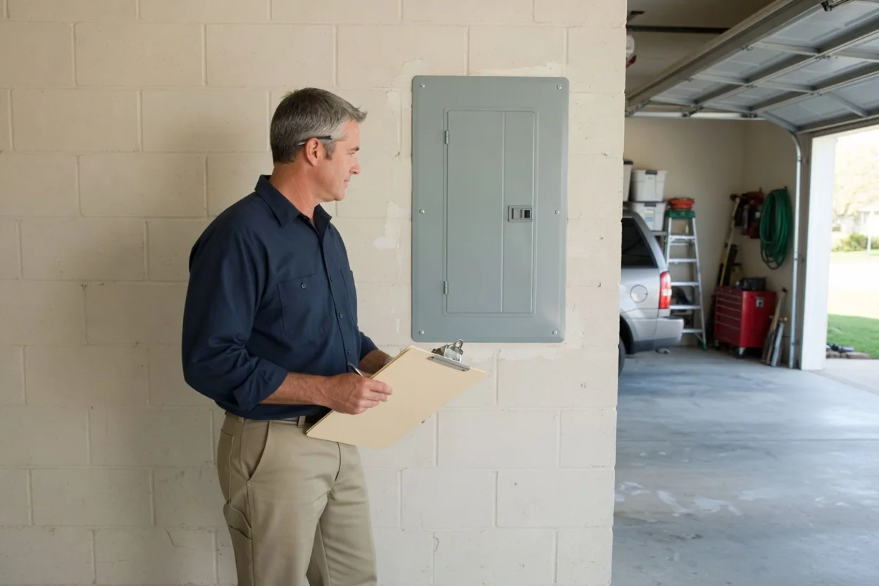 Electrical professional inspecting equipment at a residential property