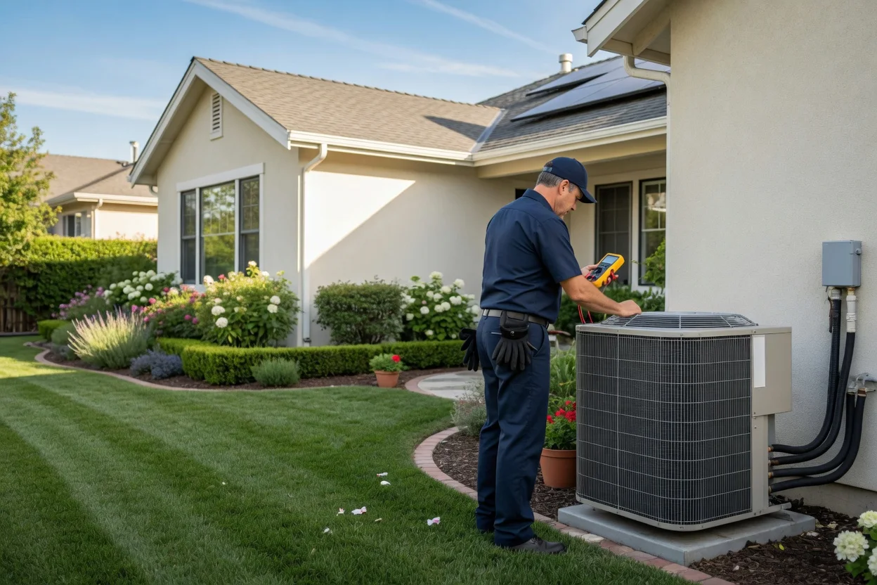 Illustration of an HVAC professional servicing a home