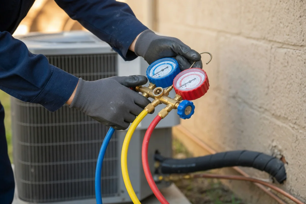 Illustration of an HVAC professional checking an air conditioning system