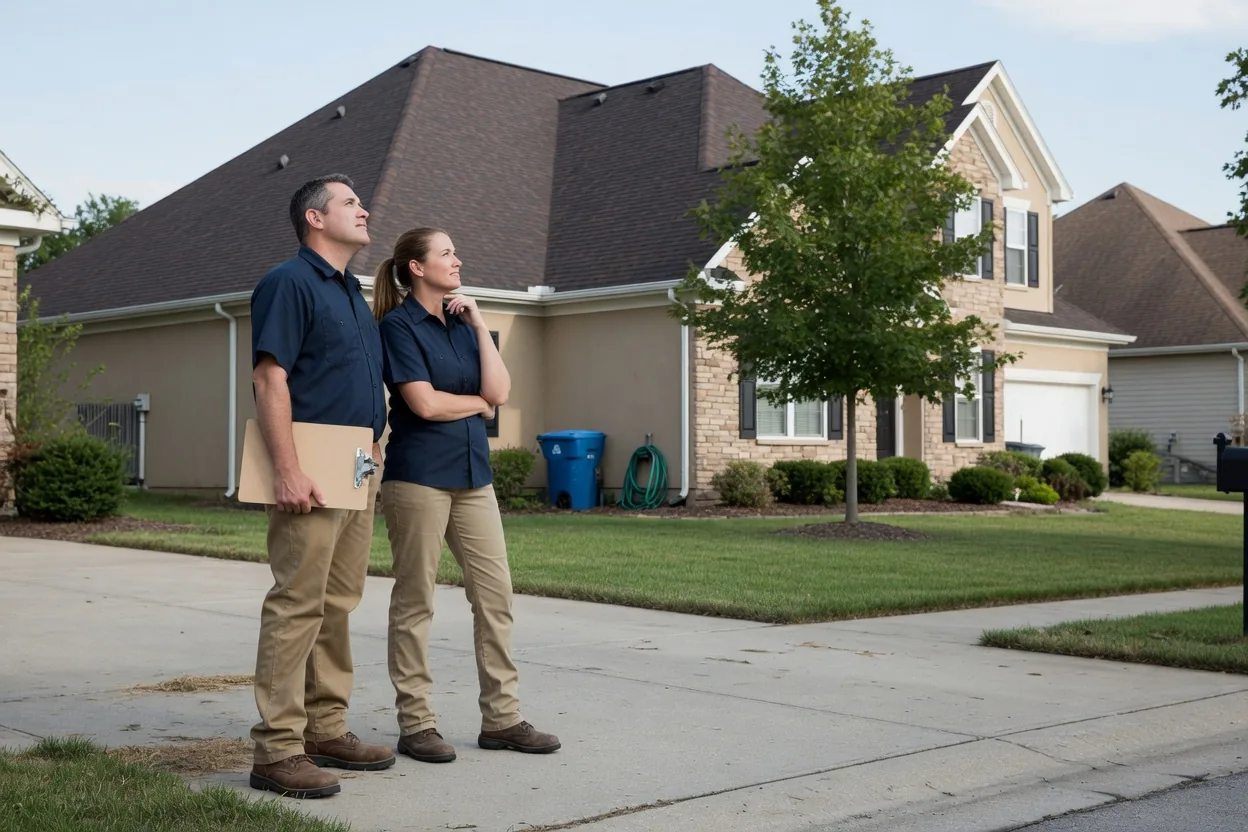 Illustration of roofing professionals outside a residential property
